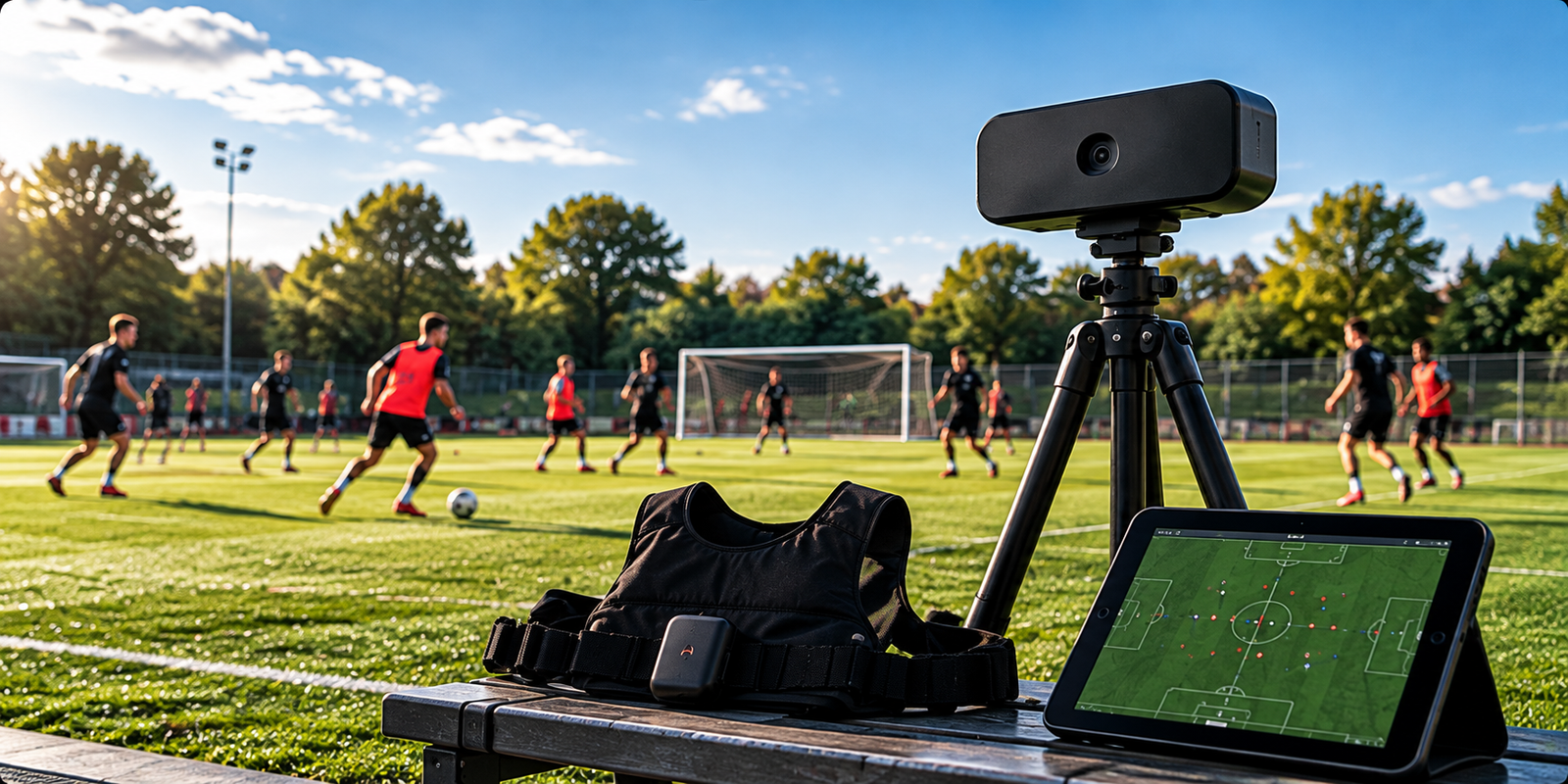 Brand-neutral football technology at a training ground, including a camera, GPS tracker vest and performance analysis tablet